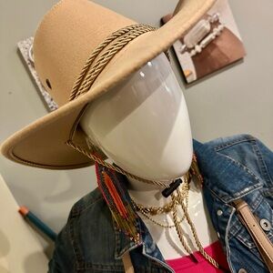 Tan Wide Brim Hat with Braided Detail